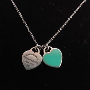 Tiffany & Co. Sterling Silver and Tiffany Blue Enamel Mini Double Heart Necklace